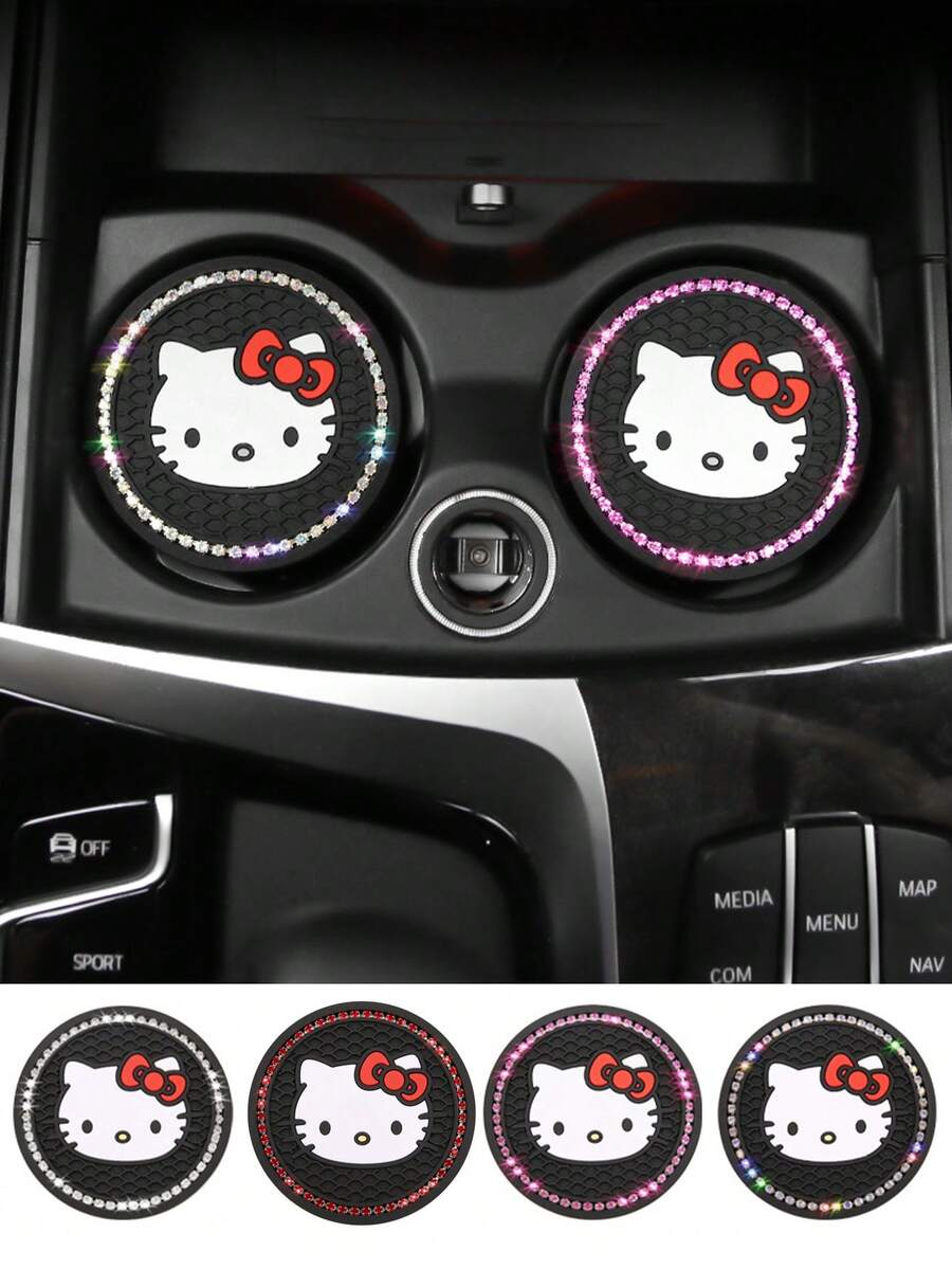 2件装Kitty Cat硅胶汽车杯架杯垫 水钻装饰PVC防滑垫 隔热垫 汽车内饰配件 - 彩色 - 查看 1