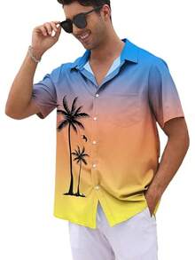 Men's Short Sleeve Button Up Hawaiian Shirt 1950s Vintage Bowling Shirts-20256688 - 漸層藍橙黃 - 查看 9
