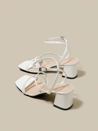 女士漆皮白色高跟凉鞋，交叉绑带露趾粗跟，夏季系带凉鞋