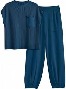 2 Piece Knit Sets Women Sweatsuit Sets - Classic Blue - View 1