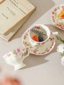 1 件套法式花卉咖啡杯碟套装，陶瓷材质，精致手绘玫瑰马克杯，创意精致的英式下午茶杯碟，适合女性，送给姐妹/朋友的礼物