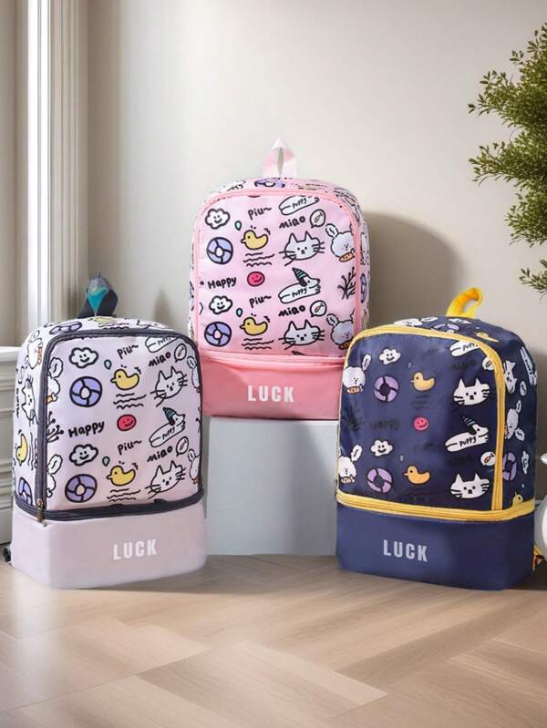 Mochila infantil à prova d'água com desenho animado, bolsa de natação com compartimento para molhado e seco, adequada para natação, surfe, parque aquático, piscina, praia ao ar livre