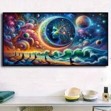 1 Stück extra großes 5D Diamant Malset 40 x 70 cm, Sternenhimmel Mond, Ozeanwellen & Menschenfiguren Landschaft Muster, geeignet für Erwachsene Anfänger DIY Mosaik Diamant Kunst, vollständig gebohrtes handgemachtes DIY Diamant Gemälde, Dekoration für Wohnzimmer, Schlafzimmer, Bürowand, Geschenk für Familie & Freunde, ohne Rahmen