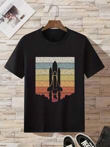 Camiseta impresa en cohete de color de cuello redondo para hombres