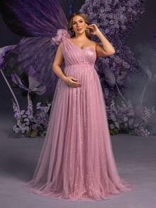 Faeriesty Vestido de gala Dressalisa Plus de lujo con hombros con relieve floral 3D, elegante para sesiones de fotos para madres embarazadas (eventos formales de primavera/verano y baby shower, falda de tul y lentejuelas etérea) - Rosa vieja - Ver 5