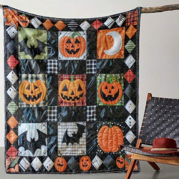 Manta de franela de retazos de estilo vintage para Halloween - Suave y acogedora de poliéster tejido con estampado festivo de calabaza, murciélago y cuadros, de 59x78.7 pulgadas - Ideal para sofá, cama, oficina, viaje, regalo estacional, decoración de Halloween, manta de viaje | Diseño de Halloween vintage | Manta decorativa