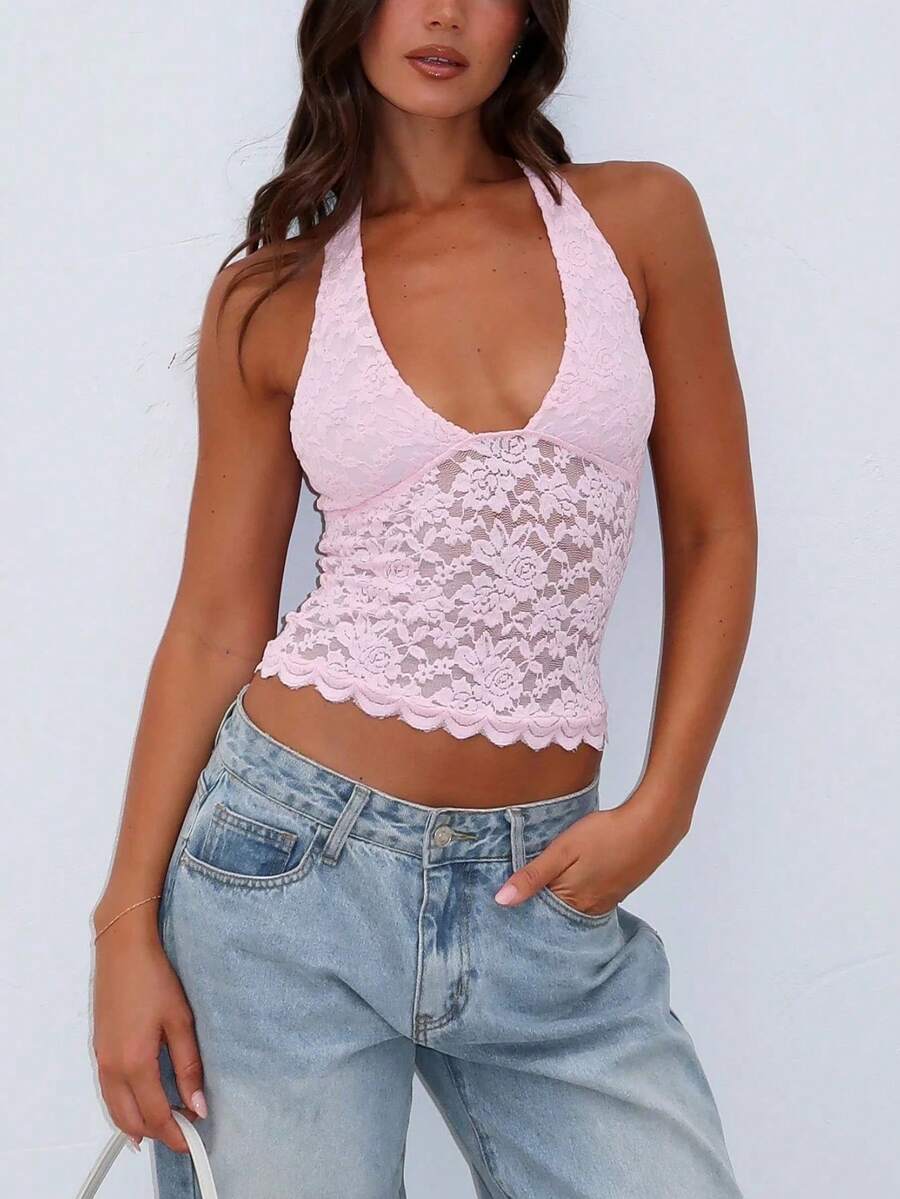 Women Lace Halter Tank Tops Y2K Floral Lace Sleeveless Deep V Neck Ruffle Hem Low Cut Sheer Mesh Crop Top Sexy See Through Backless Vest Shirts Summer Going Out Tops Party Club Streetwear - 粉色 - 查看 1