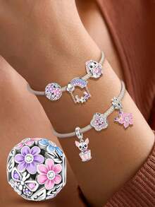 1 件时尚 925 纯银花朵蝴蝶串珠饰物适合女士手链手镯 DIY 珠宝制作和日常服装搭配珠宝装饰适合女孩 - 銀色 - 查看 3