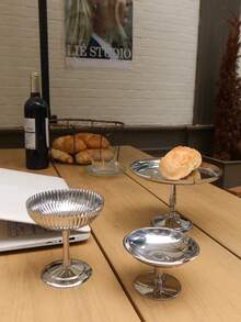 1 Pc Cake Tray, Stainless Steel Silver Dessert Plate, Ice Cream Cup, Home Living Room Dessert Plate, Dessert Display Stand, Birthday Party High-Legged Flat Dessert Plate - Silver - View 9