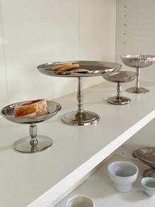 1 Pc Cake Tray, Stainless Steel Silver Dessert Plate, Ice Cream Cup, Home Living Room Dessert Plate, Dessert Display Stand, Birthday Party High-Legged Flat Dessert Plate - Silver - View 4