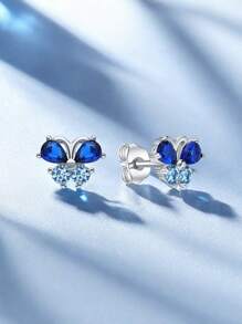 1 Paar 925 Sterling Silber Ohrringe mit hypoallergenen Schmetterlingen - elegant mit funkelnd saphirblauem synthetischem kubischem Zirkonia verziert, klein und charmant. Perfekt für den täglichen Frühjahrs-/Sommertrageoder Partys, ein ideales Geburtstags-/Feiertagsgeschenk für Töchter oder Enkelinnen