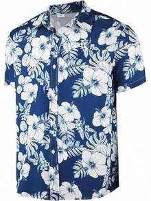 Mens Hawaiian Floral Shirts Button Down Tropical Holiday Beach Shirtshalloween - B Dark Blue Flowers - View 10