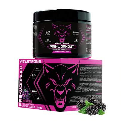 Vitastrong Powerful Pre Workout 300g Red Fruit Flavor, Vegan Formula With Vitamin B12, L-Citrulline, Beta-Alanine, Caffeine And Taurine, Made In Italy (24 Servings (Pack Of 1))