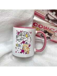 Caneca Cerâmica com Gato de Pelúcia, Xícara de Leite para Café da Manhã, Copo de Água, Conjunto de Presentes de Volta às Aulas