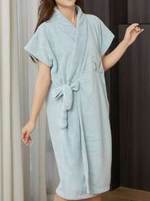 1 件珊瑚绒菠萝图案可爱刺绣无袖长袍，女士裹身式浴袍，柔软吸水家居服，开学季适用 - 紫色 - 查看 16