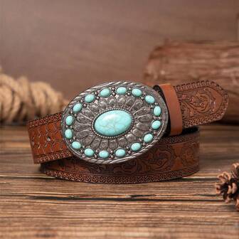 1pc Retro Agate Buckle - Brown Patterned Unisex Belt, Suitable To Pair With Jeans