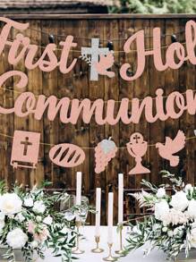 3pcs First Communion Banner, Baptism Religious Cross God Bless Christening Symbol Party Decorations, Shower Party Supplies