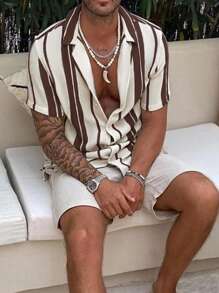 2025 Men's Casual Relaxed Summer Beach Striped Colorblock Shirt, Short Sleeve