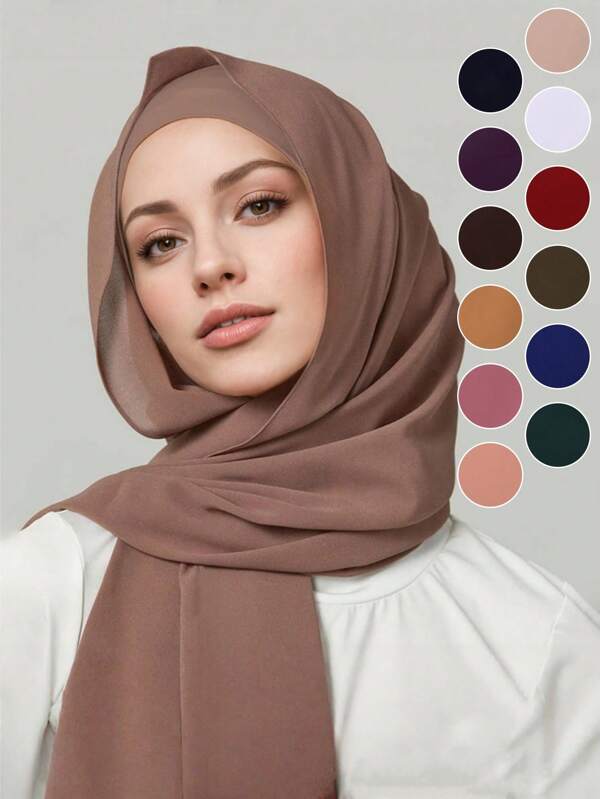 2pcs/Set Elegant Women Muslim Chiffon Headscarf Cover - Soft Shawl With Non-Slip Elastic Band, Solid Color,Breathable & Comfortable For Daily Wear