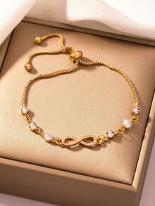 1pc Minimalistic Geometric Infinity Crystal Adjustable 8-Shape Bracelet, Random Women Style - Gold - View 5