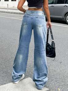 Women's Casual Single-Breasted Washed Ripped Cuffed Straight Leg Jeans - Light Wash - View 7