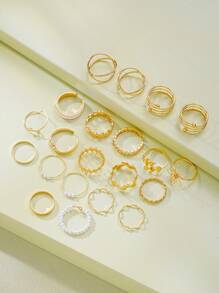 Set de 21 piezas de anillos geométricos de metal con flores, perlas y hojas para mujeres, joyería creativa adecuada para uso diario, boda, fiesta, vacaciones, playa, regalo para novia, mamá, amigos (sin caja)