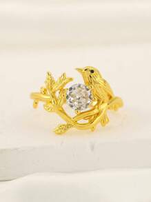 Anel de cobre feminino com design exclusivo de pássaro e galho de árvore, incrustado com grande pedra de zircônia cúbica, leve e moderno, adequado para uso diário, noivado, casamento, presente de aniversário
