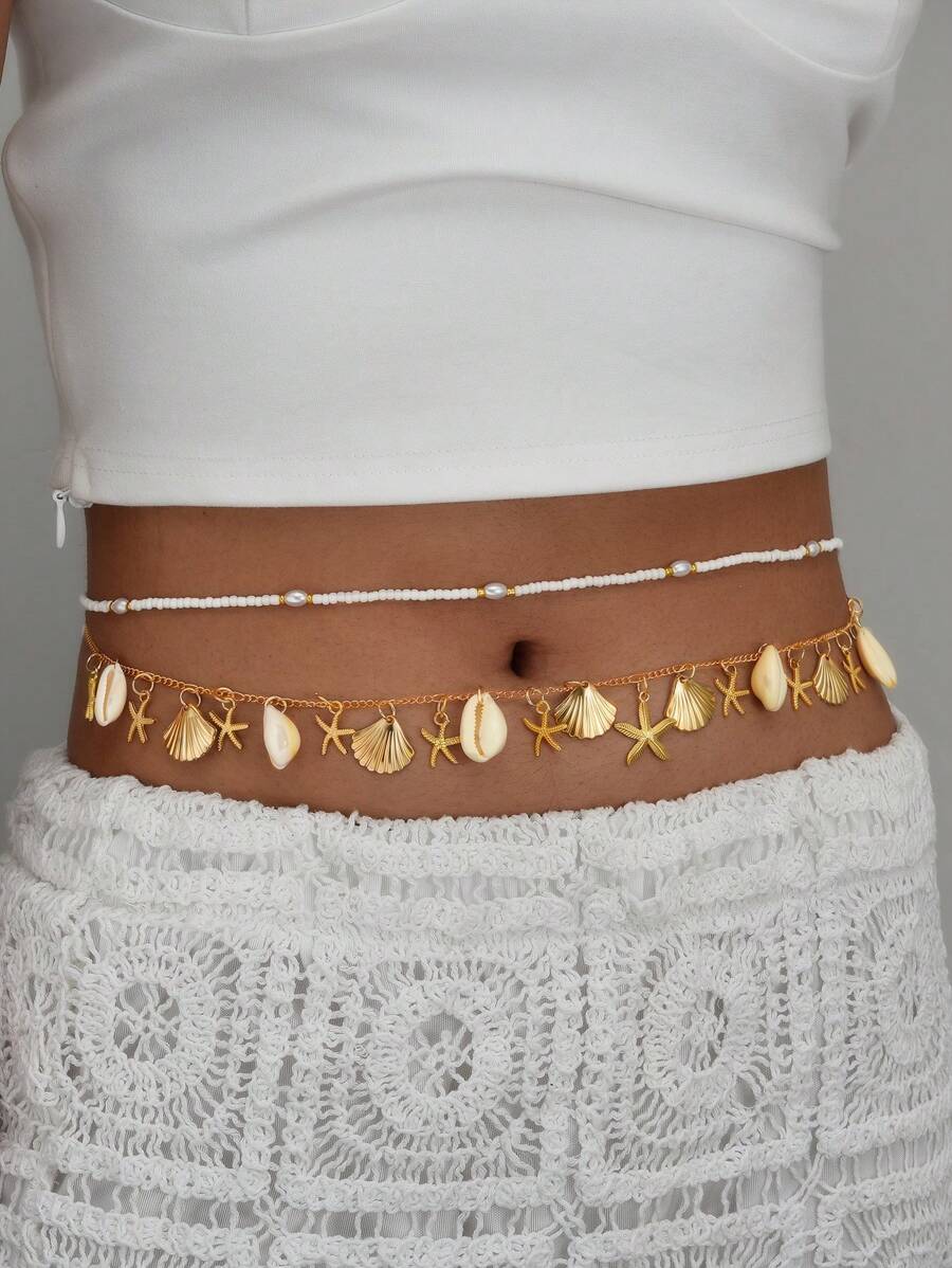 2pcs Set Bohemian Style Starfish & Shell Pearls Women Waist Chain Suitable For Beach Vacation, Holiday Gift