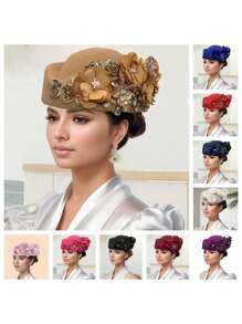 1pc Vintage European British Wool Felt Headdress Hat, Women's Church Derby Headpiece With Floral Decoration, Soft Beret Cap, High-End Stewardess Hat Suitable For Cosplay, Theme Party, Online Influencer Props