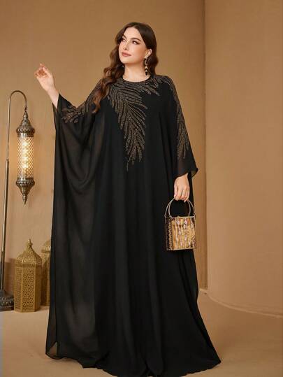 UNITHORSE UNITHORSE Plus Women's Round-Neck Long Sleeve Heavy Industry Hot Drilling Chiffon Long Temperament Evening Dress