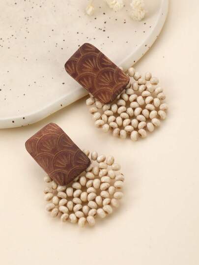 1 Pair Handmade Minimalist Wooden Beaded Stud Earrings With Carved Vintage Fan Pattern, Suitable For Vacation, Party And Daily Wear