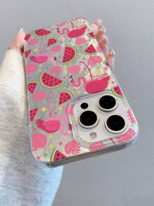 1 pieza Funda de teléfono transparente a prueba de golpes con diseño de sandía y flamenco, material IMD, apta como regalo de vacaciones para iPhone 15, 16 Pro/Pro Max, 14, 15, 16 Plus, resistente a huellas dactilares y arañazos