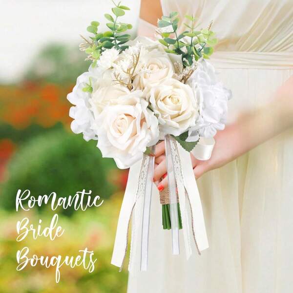 Bridesmaid & Bride Bouquet, Ivory Corsage & Boutonniere, White Wedding Flower Accessories, Church Party Decor, Prom Set, Floral Decor