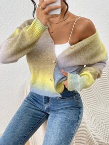Color Block Ombre Knitted Cardigan For Women, New Style High-End Slim-Fit Minimalist Casual Jacket, Versatile