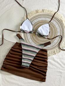 Bikinx Women's Summer Beach Wave Pattern Halter Neck Sexy Bikini Three-Piece Swimsuit Set With Cover-Up Skirt - Multicolor - View 2