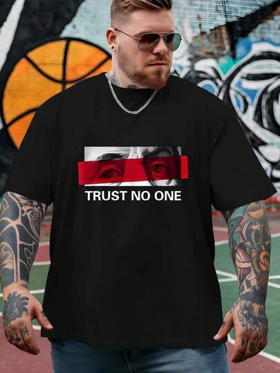 Plus Size Men's Summer Creative Eye English Letter Print Round Neck Short Sleeve Casual T-Shirt