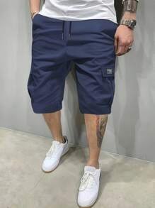 1pc Men's Summer Outdoor Solid Color Pocket Drawstring Waist Cargo Shorts