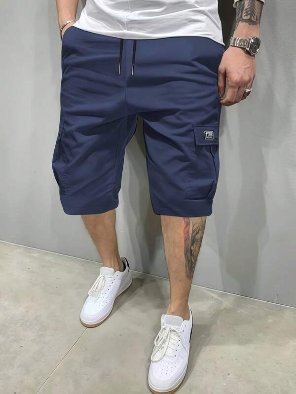 1pc Men's Summer Outdoor Solid Color Pocket Drawstring Waist Cargo Shorts