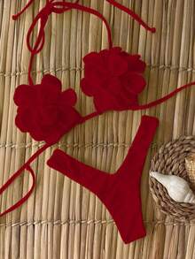 Polovedo 官方新款春夏性感休闲优雅复古红色纯色花卉女士沙滩度假约会比基尼泳衣 - 紅色 - 查看 1