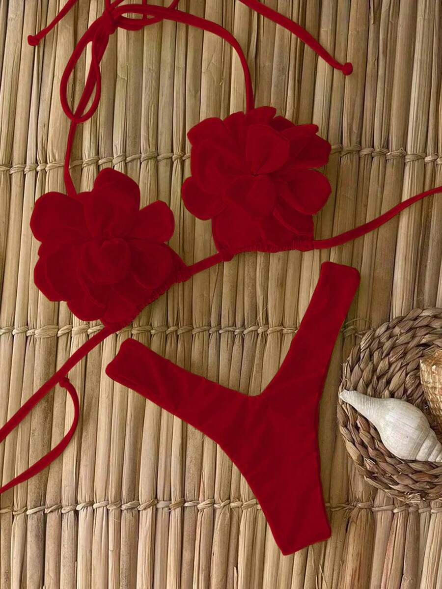 Polovedo 官方新款春夏性感休闲优雅复古红色纯色花卉女士沙滩度假约会比基尼泳衣 - 紅色 - 查看 1