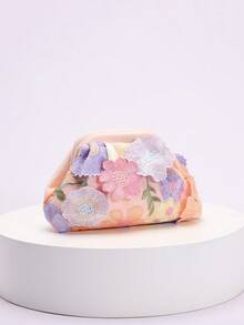 1pc Colorful Flower Applique Linen Bottom Mesh Embroidery Gathered Clutch, Shiny Formal Party Evening Handbag For Women, Suitable For Dresses, Casual And Holiday (Flower Pattern Random) - Pink - View 6