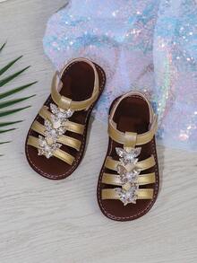 Girls Princess Shoes, 2025 Summer New Sweet Children Butterfly Flower Roman Sandals, Little Girls Soft-Sole Flat Beach Shoes - Gold - View 6