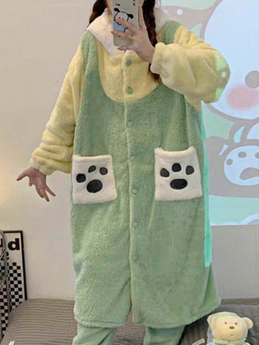 Bata de Invierno Mujer con Capucha de Pelo Coral - Diseño Animal Peludoso, Ultra Caliente y Transpirable para Fiesta de Pijamas - Verde - Ver 1