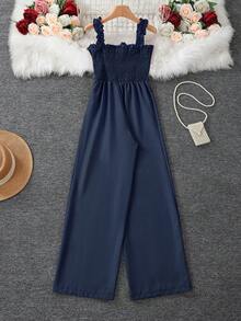 Women's Solid Color Ruffle Strap Sleeveless Jumpsuit Summer Elegant - Blue - View 3