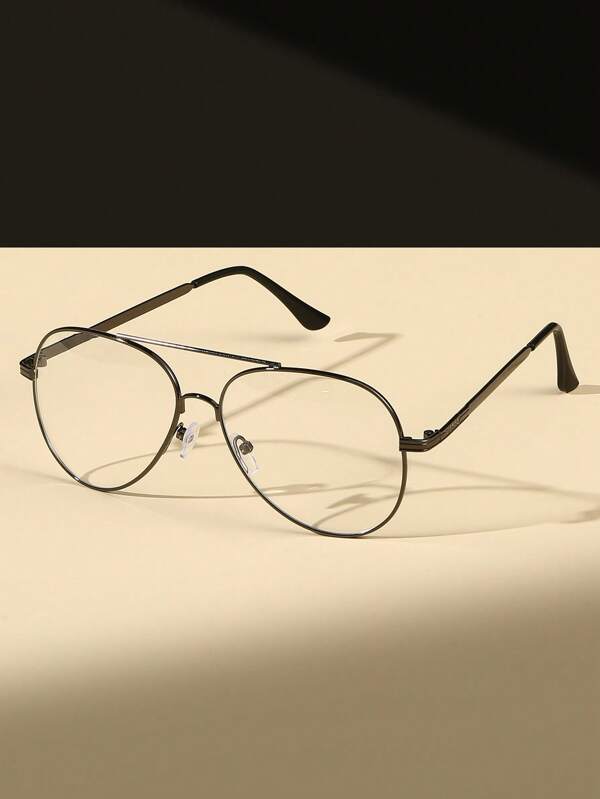 1 pieza Gafas con montura de metal tipo piloto de lente transparente, unisex, adecuadas para uso diario, lectura escolar, protección ocular, accesorio de moda, que combina con suéteres, chaquetas y ropa deportiva
