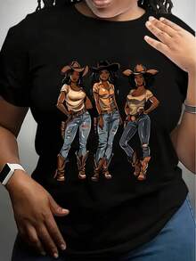 Women's Retro Western Graphic T-Shirt "Boots On The Ground" Cowboy Boots & Hat Design, With Vibrant Print, Casual Short Sleeve, Travel Friendly Festival Fashion Top Comfortable Round Neck Plus Size Short - 黑色 - 查看 1
