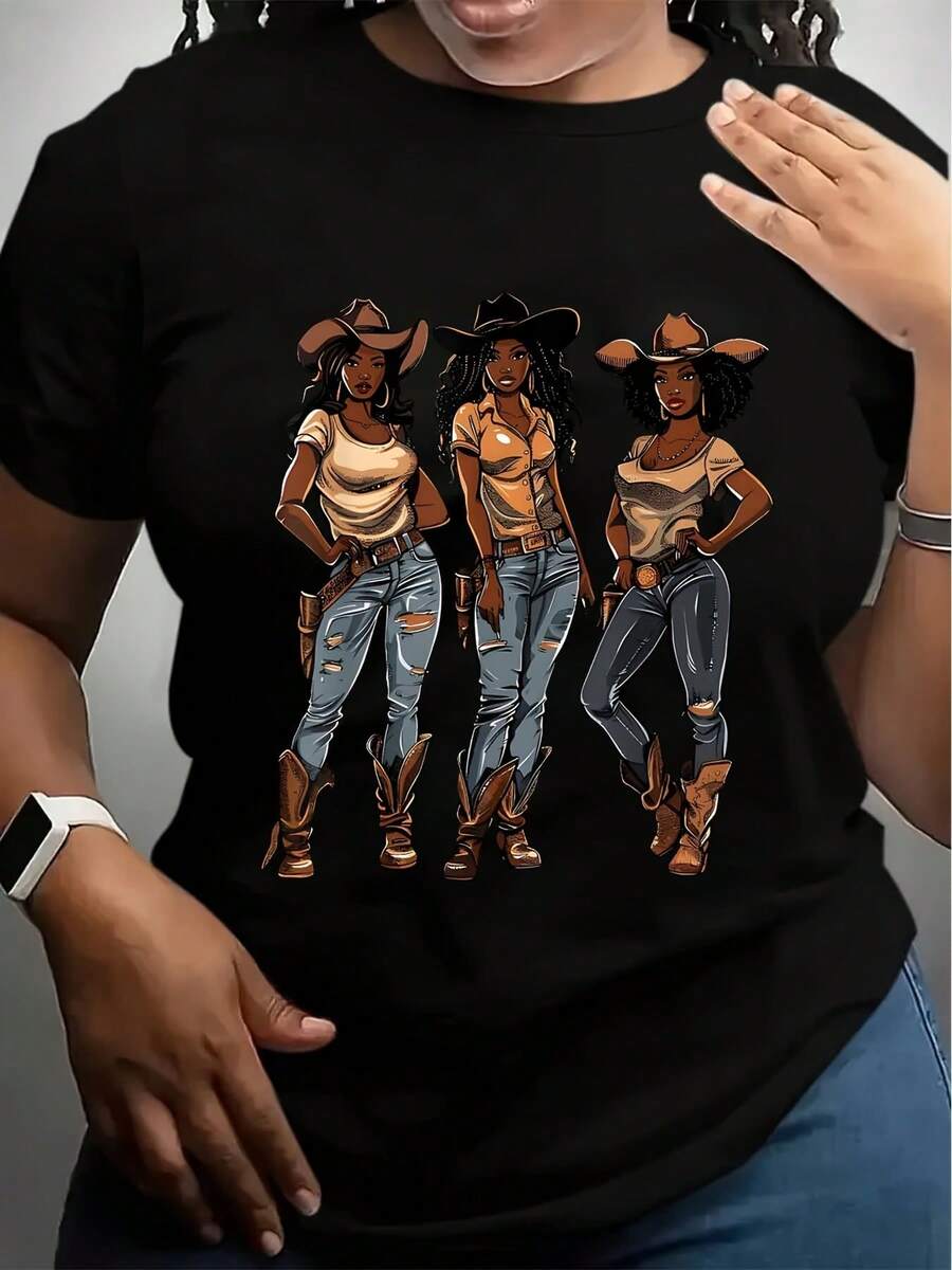 Women's Retro Western Graphic T-Shirt "Boots On The Ground" Cowboy Boots & Hat Design, With Vibrant Print, Casual Short Sleeve, Travel Friendly Festival Fashion Top Comfortable Round Neck Plus Size Short - 黑色 - 查看 1