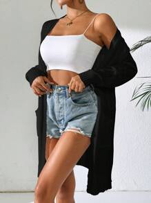 Women's Lightweight Solid Color Long Sleeve Dual Pocket Open Front Casual Long Cover Up, Spring/Summer