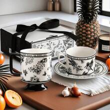 1个经典黑白花卉陶瓷高杯，夏日花卉图案女士咖啡杯，节日礼物，家居装饰，派对餐具，咖啡馆用具，咖啡配件，返校礼物 - 黑與白 - 查看 2