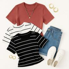 Kit 3 Women's Short Sleeve T-Shirt Blouse Plain And Striped Ribbed Cotton Long Basic - KIT 3 PLAIN BROWN - View 3
